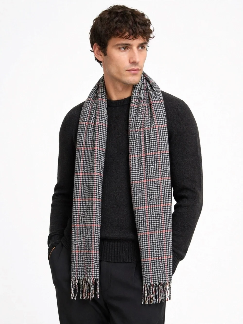 Lands' End Plaid Scarf Black White Red Houndstooth Fringe Winter Classic Cozy